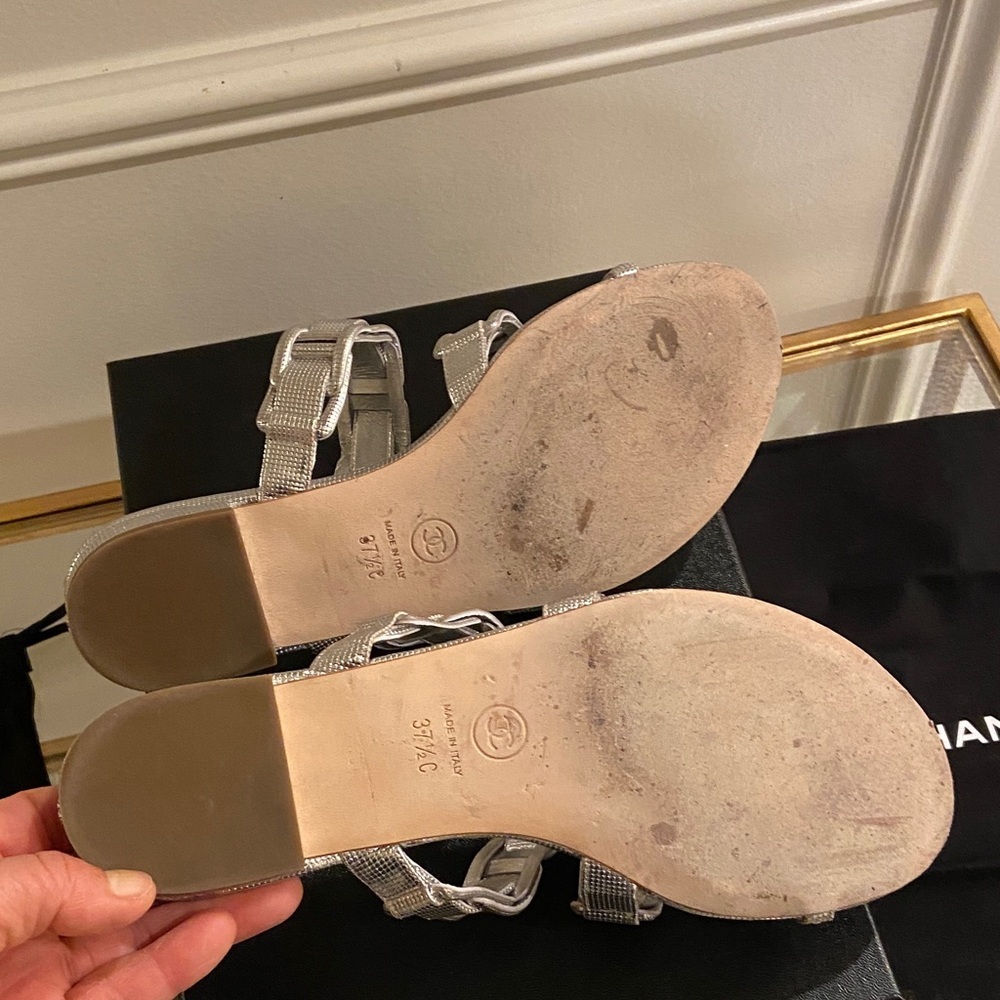 CHANEL Silver Calfskin Quilted Slip In Sandals 7.5 - Picture 11 of 16